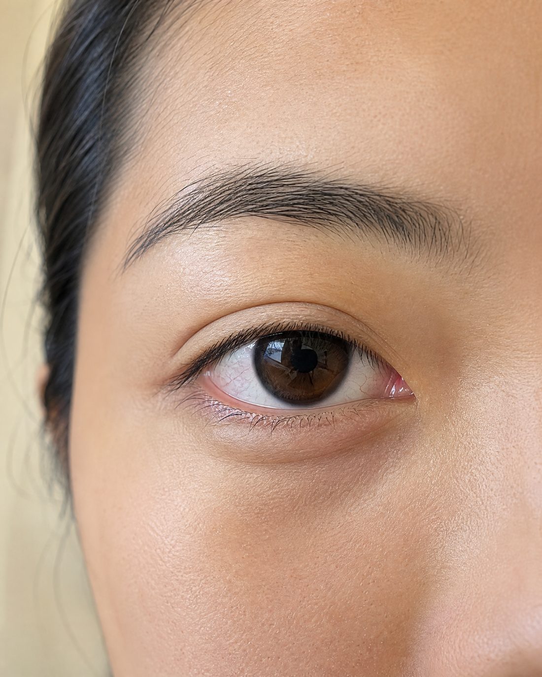 A client's eye at day 1, natural lashes straight before the lift.
