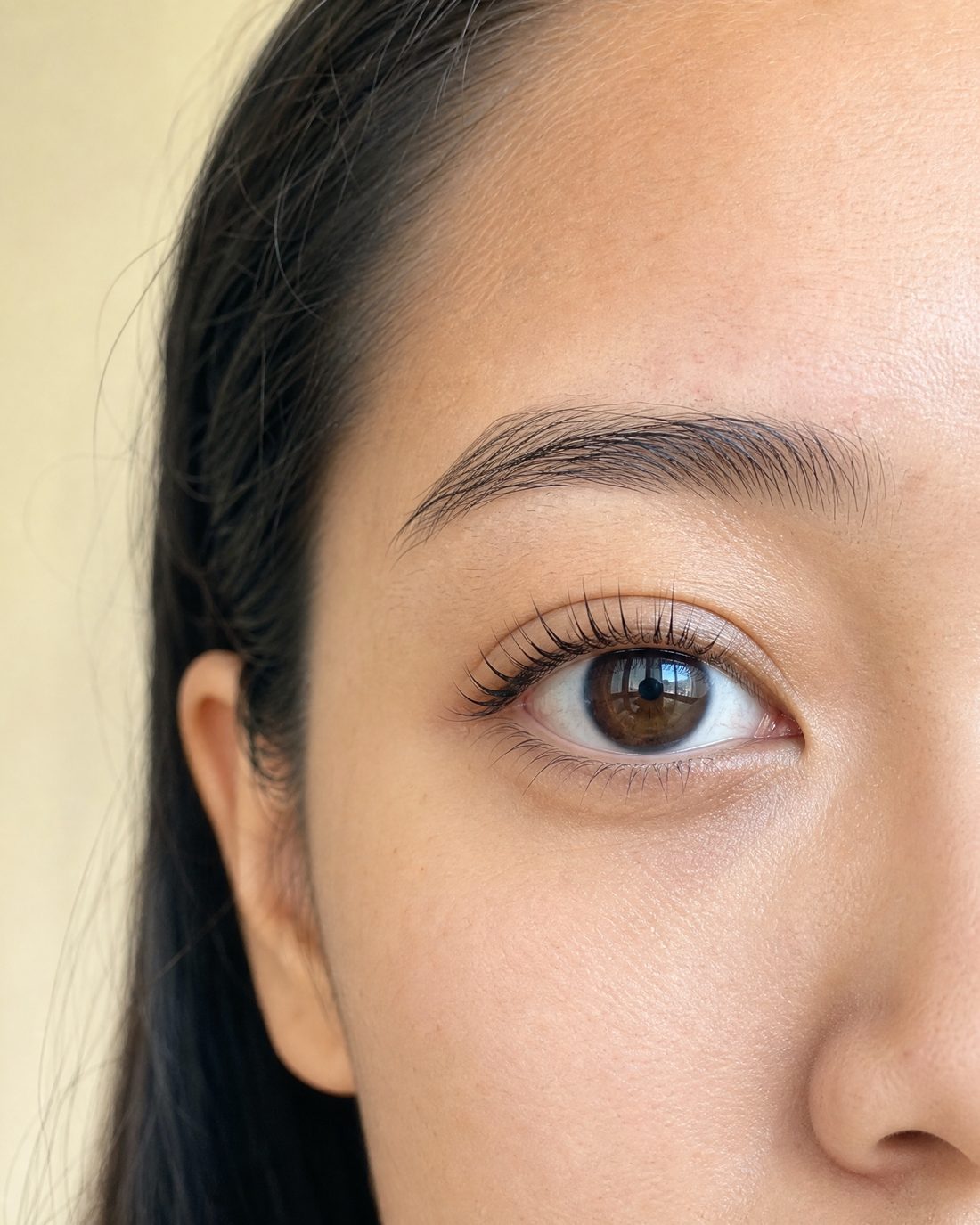 The same eye at day 56, the natural lashes still holding a clear upward lift.