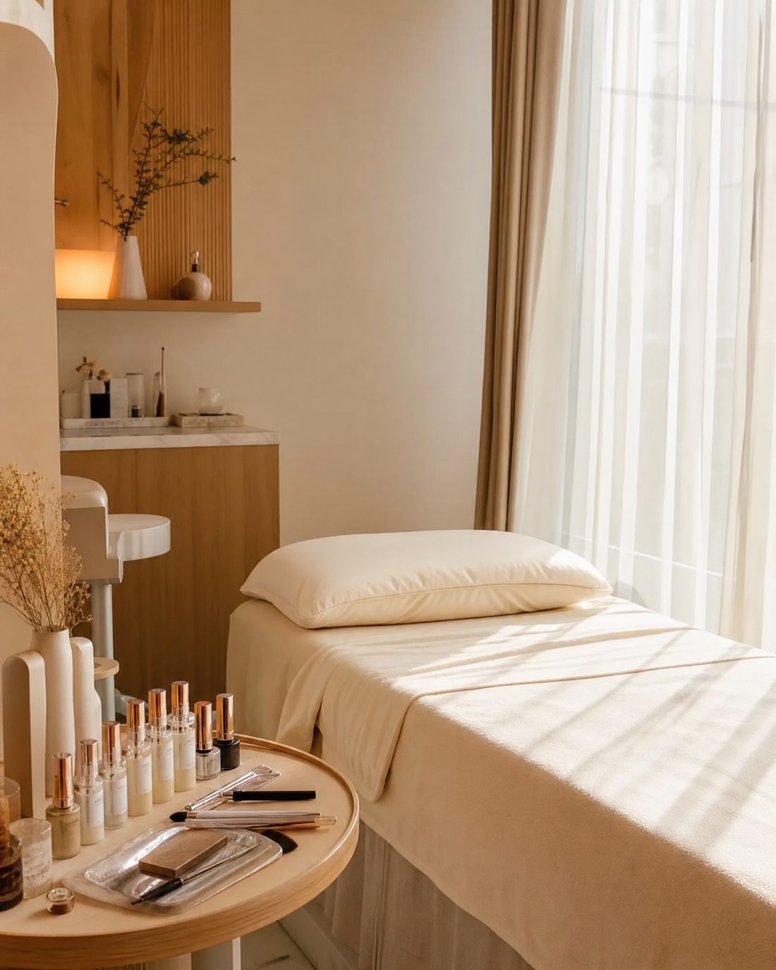 The treatment room: a single bed in cream linen beside a sunlit window, tools laid out on a wooden tray.